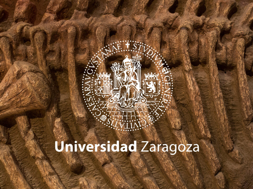 Logotipo de la Universidad de Paleoymás sobre imagen de costillas de un dinosaurio